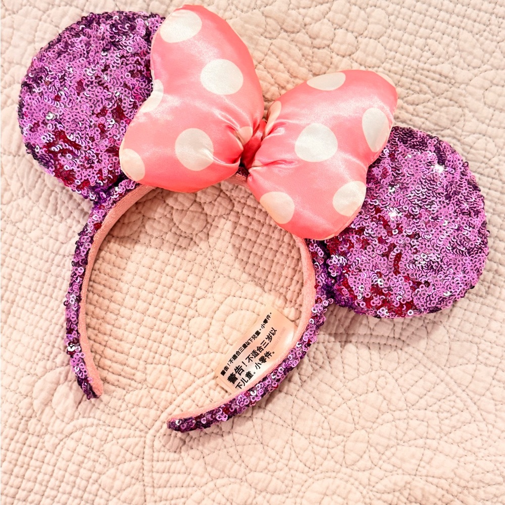 😎 Disney Parks Minnie Mouse Purple Sequin Ears Pink Puffy Polka Dot Bow NWT 3